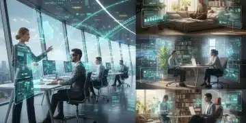 Futuristic workspace with remote and hybrid teams collaborating through advanced technology.