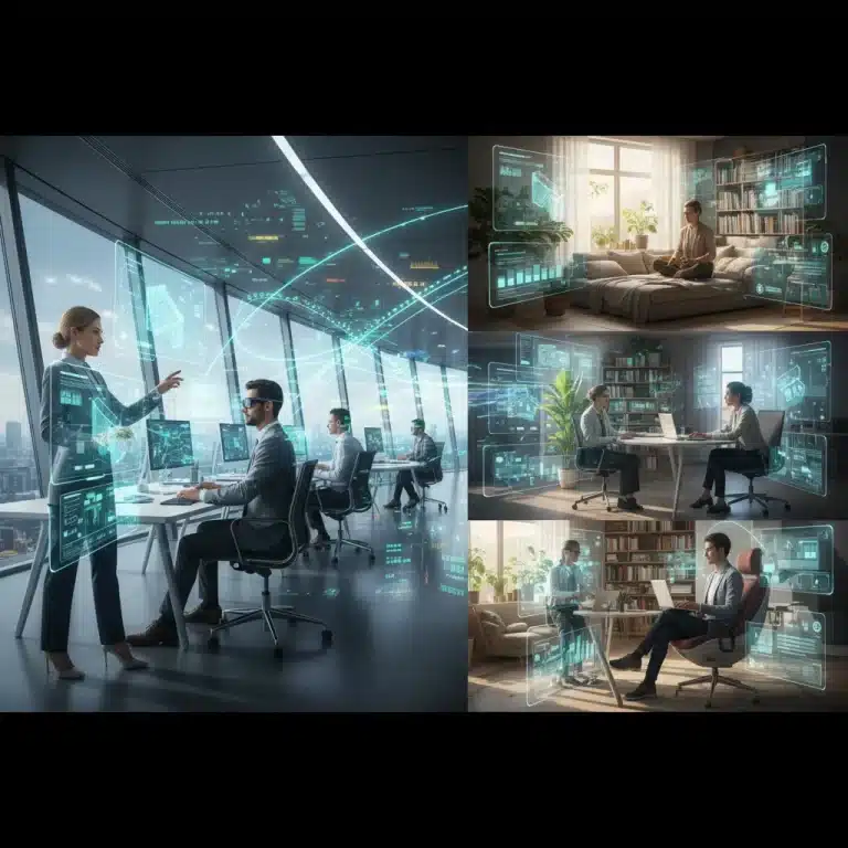 Futuristic workspace with remote and hybrid teams collaborating through advanced technology.