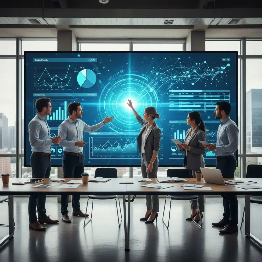 Team collaborating using an interactive digital whiteboard in a hybrid office setting.
