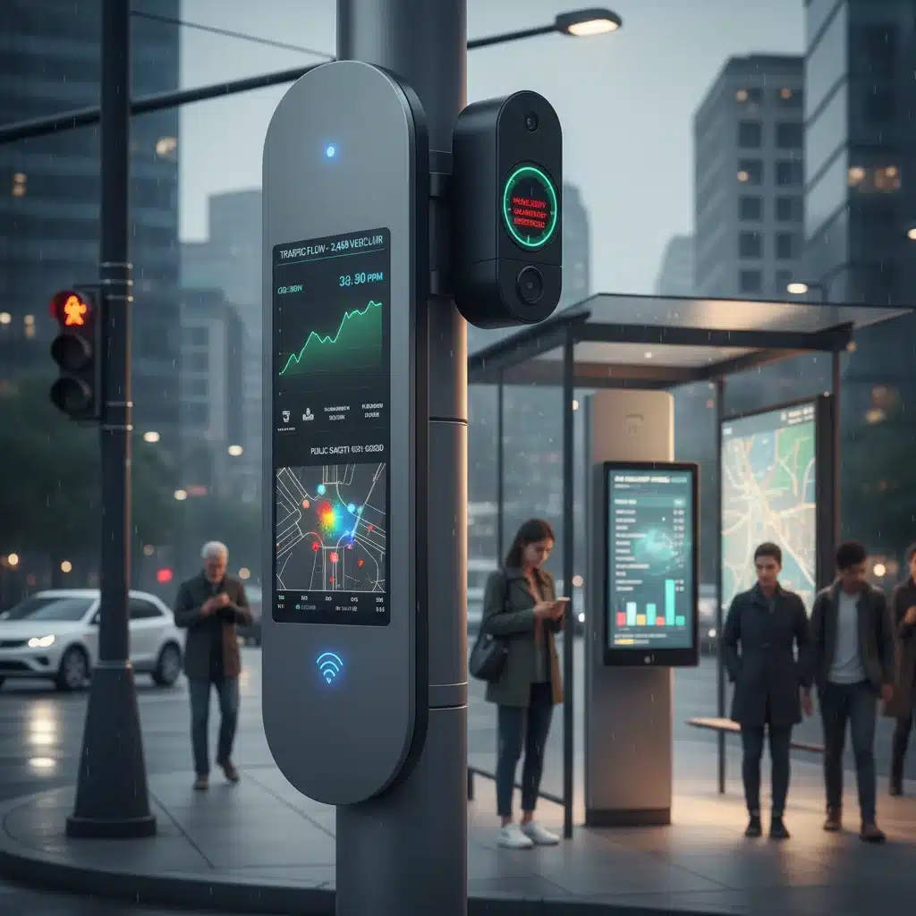 Close-up of integrated IoT sensors in urban infrastructure collecting real-time data.