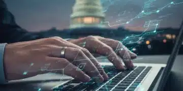 Journalist using advanced encryption on laptop to protect sources, secure digital communication