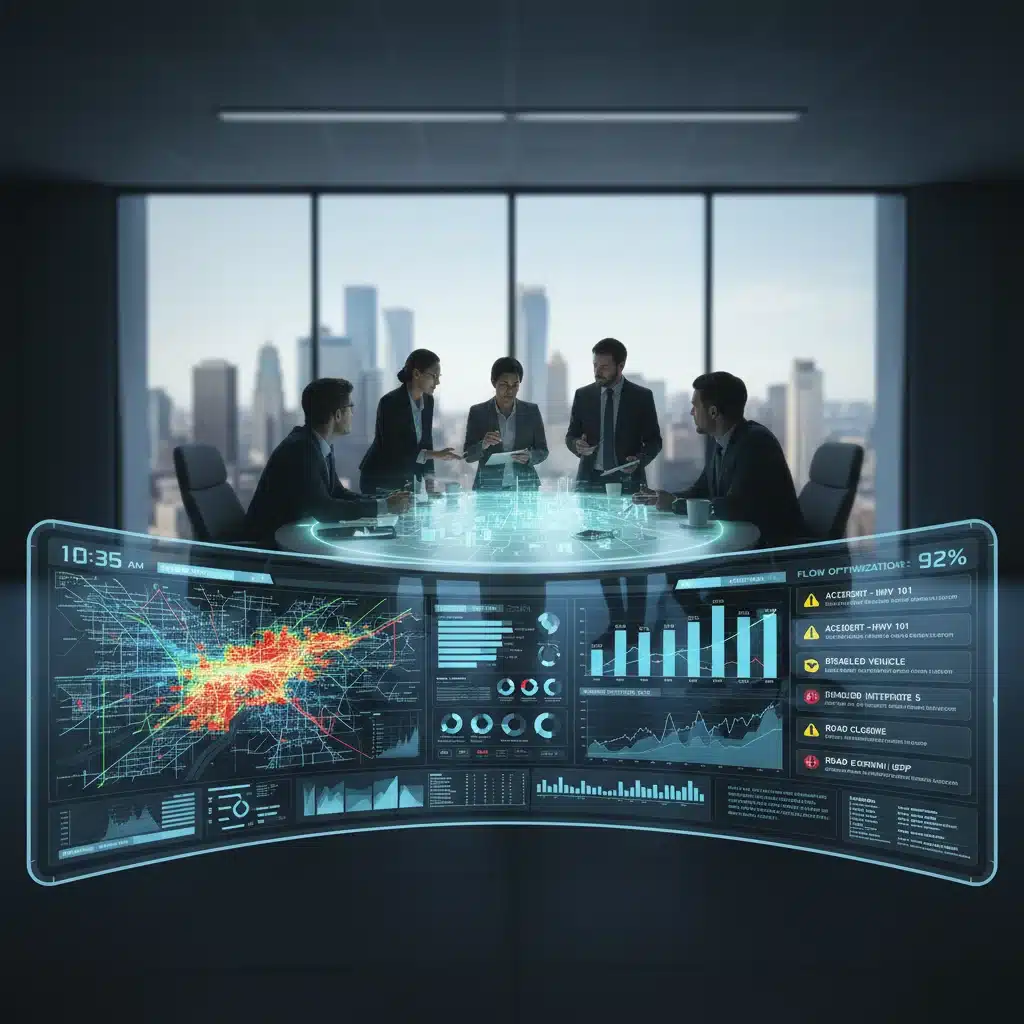 Data analytics dashboard showing traffic management and predictive modeling for urban planners.