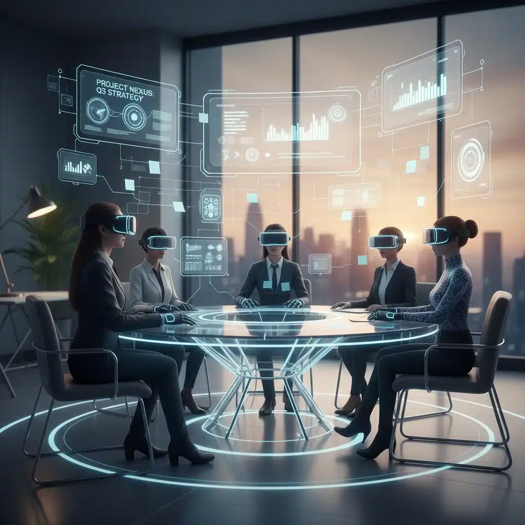 Employee using a VR headset for an immersive virtual meeting in a remote work scenario.