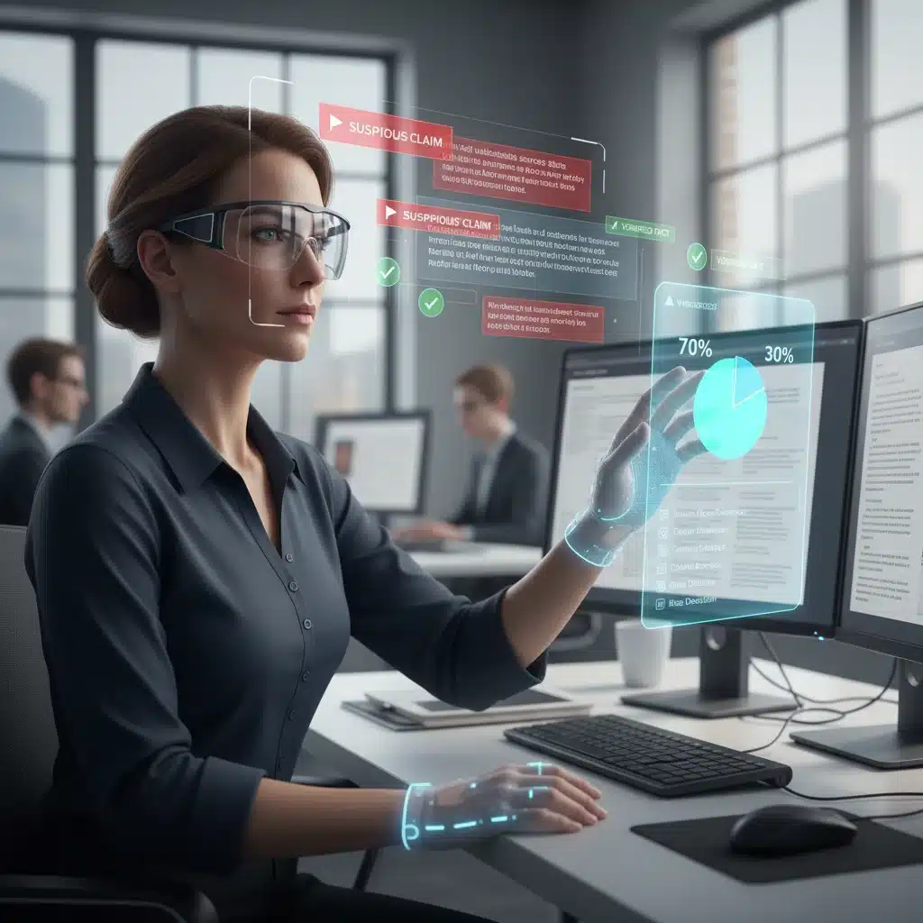 Journalist using AI tools for real-time fact-checking and content verification