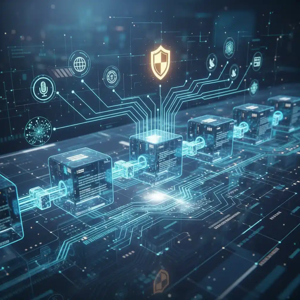 Blockchain ledger visualizing data transparency and immutability in journalism