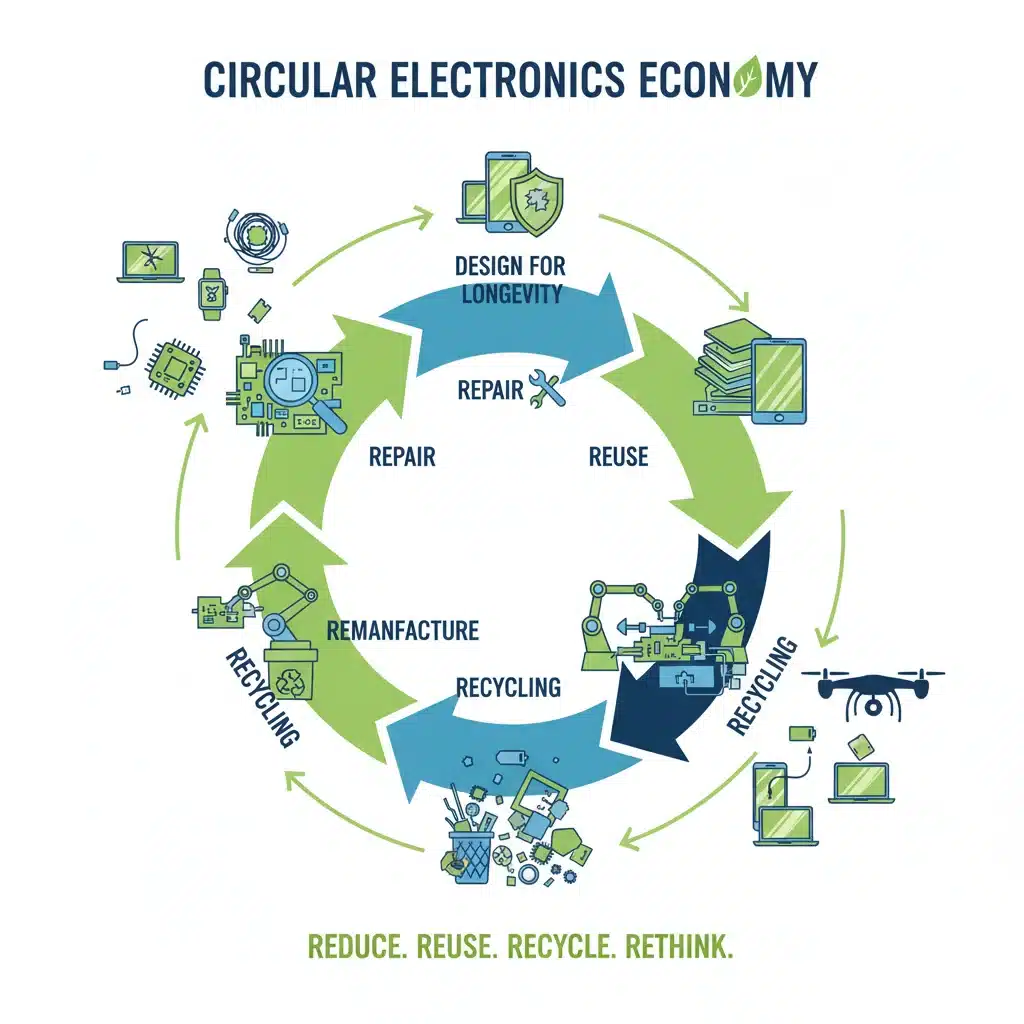 Circular economy model for electronics showing reuse, repair, and recycling processes