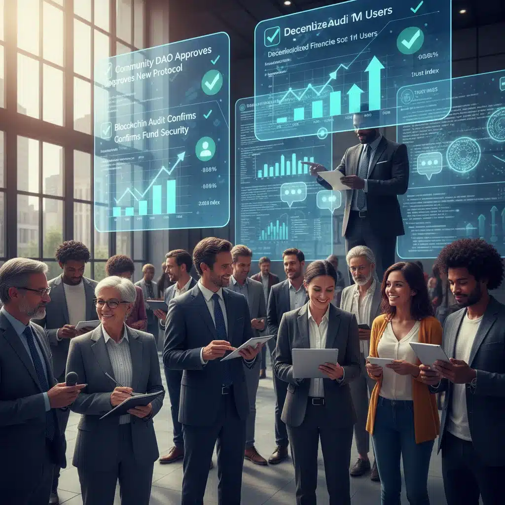 Diverse community interacting with verified crypto news on digital screens, highlighting trust and adoption.