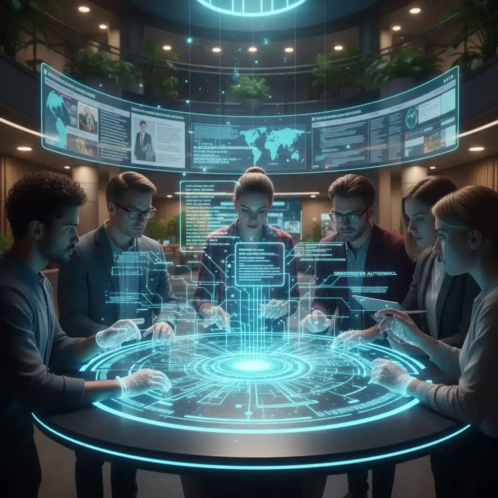 Diverse team collaborating on decentralized news governance via a holographic interface