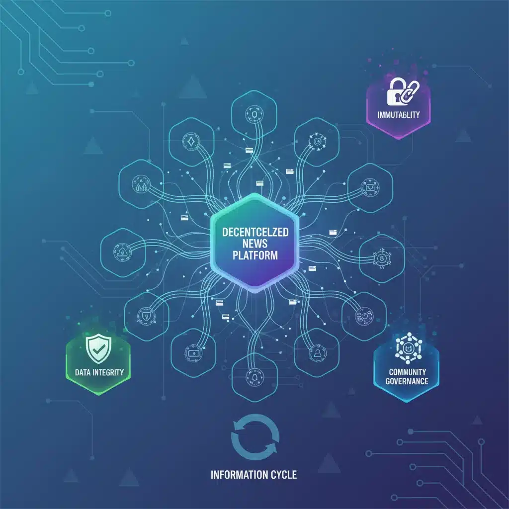 Infographic illustrating information flow in a decentralized network with data integrity and community governance.