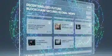 Futuristic digital news interface with blockchain elements representing decentralized information.