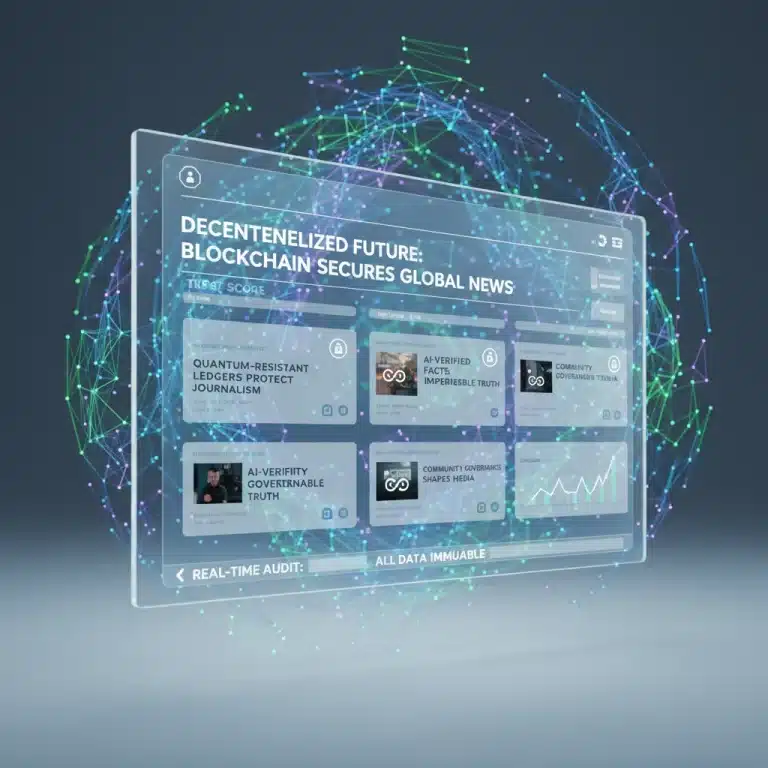 Futuristic digital news interface with blockchain elements representing decentralized information.