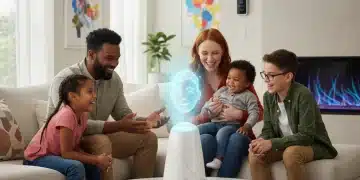 AI Companions 2028: Ethical & Practical Implications for US Homes Family interacting with AI companion in modern living room