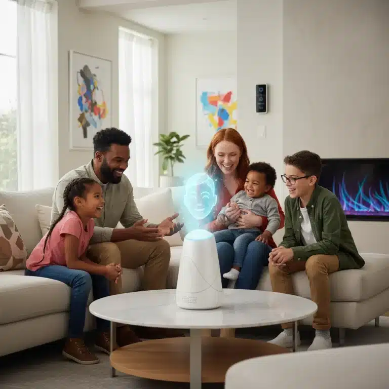 Family interacting with AI companion in modern living room