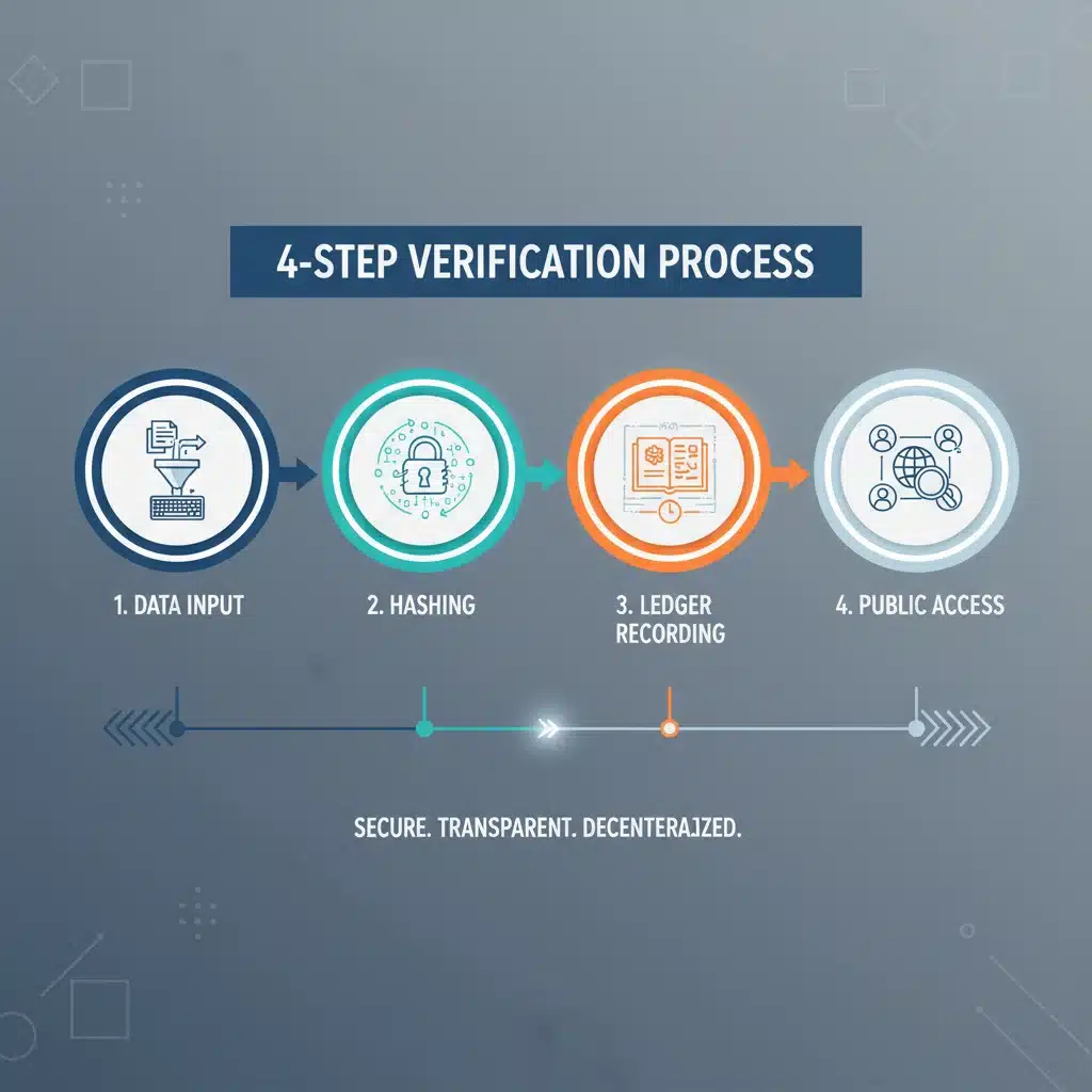 Infographic depicting a four-step blockchain data verification process for news content.