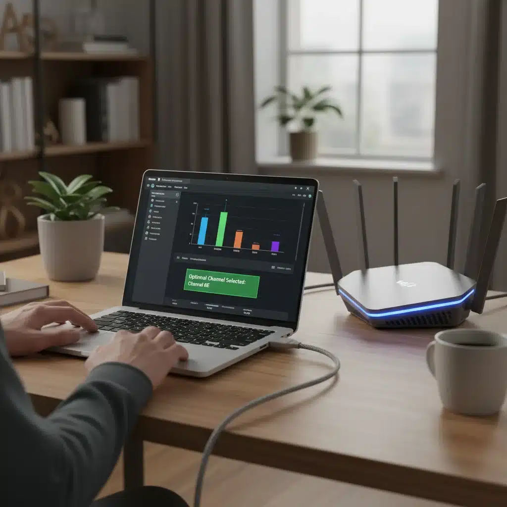 Person optimizing Wi-Fi 7 router settings on a laptop.