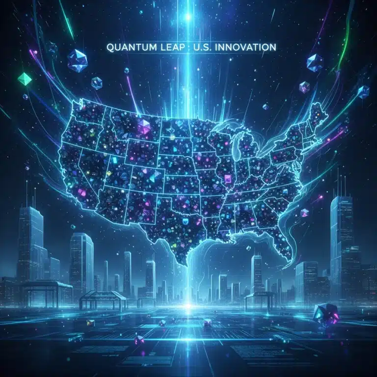 Abstract representation of quantum computing influencing various industries in the U.S.
