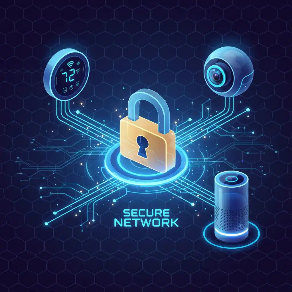 Secure smart home network with encrypted data flow and central padlock icon.