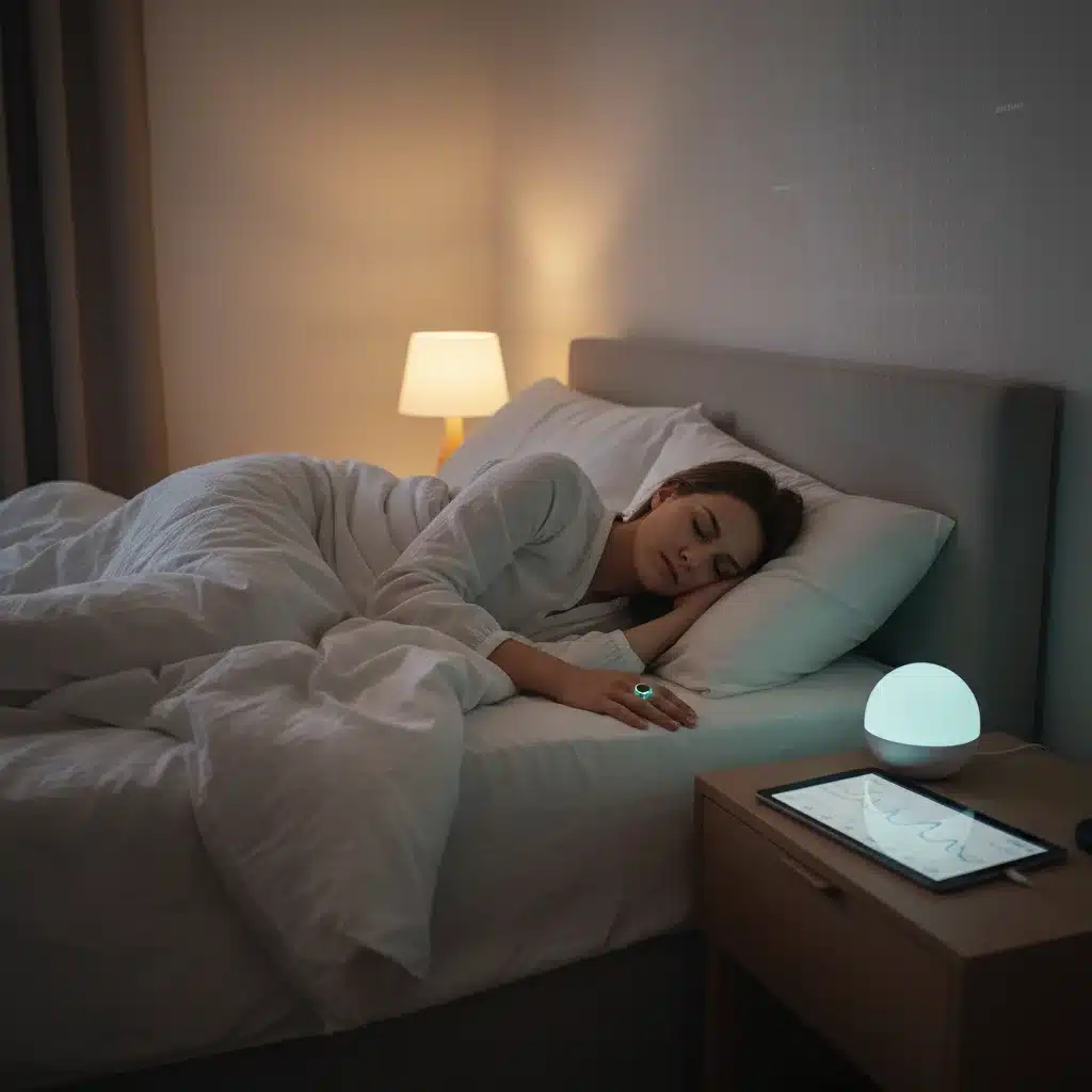 Person sleeping with smart ring and sleep tracking device in a modern bedroom
