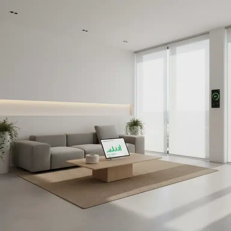 Smart home energy management system dashboard on a tablet in a modern living room