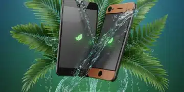 Sustainable tech innovations in consumer electronics with green leaves and modern devices