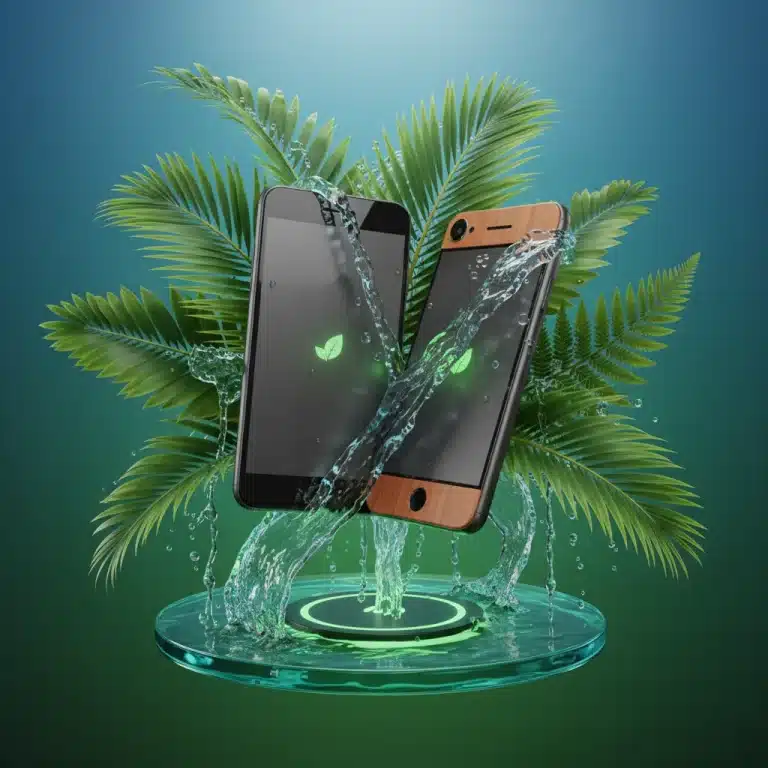 Sustainable tech innovations in consumer electronics with green leaves and modern devices