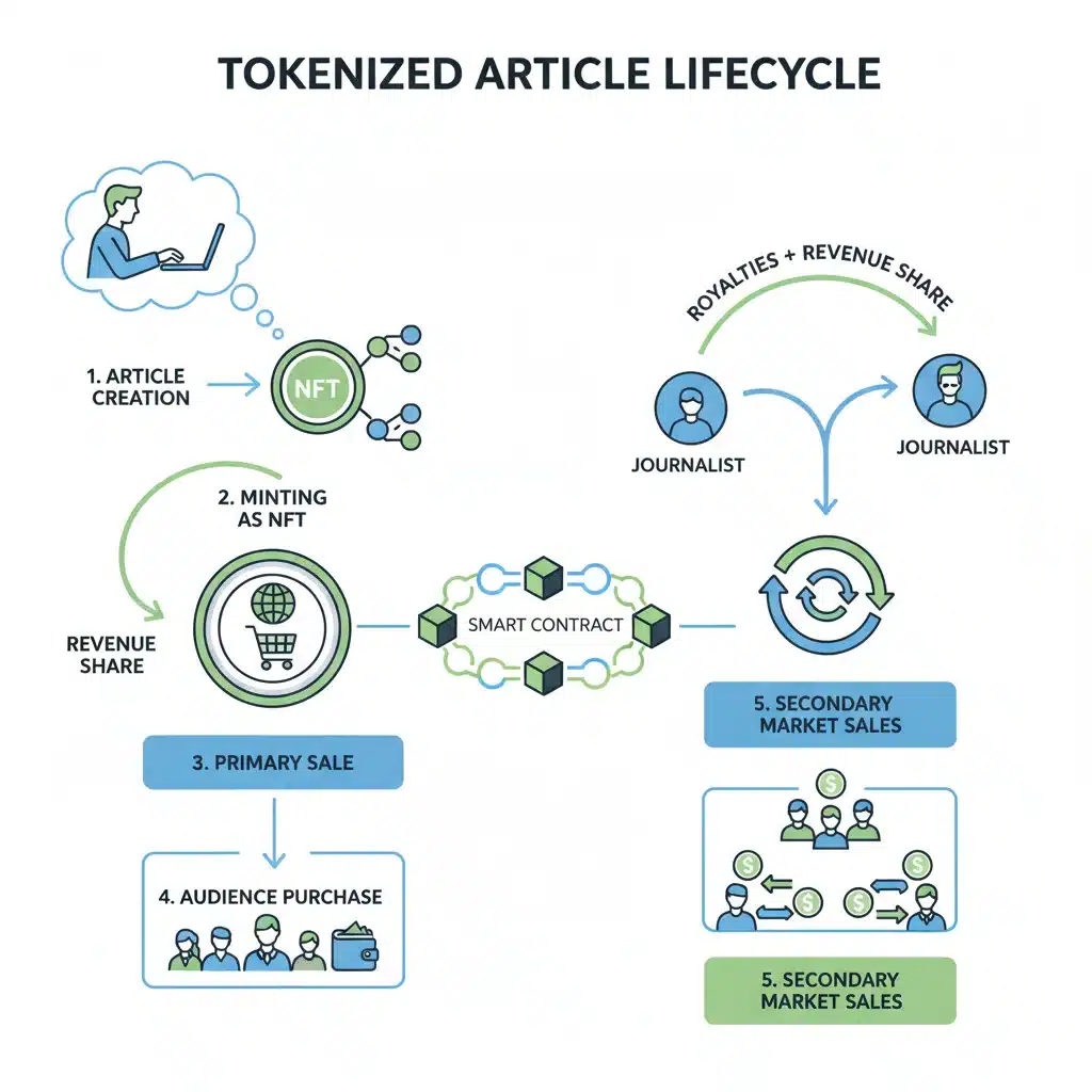 Infographic illustrating tokenized content lifecycle and revenue flow