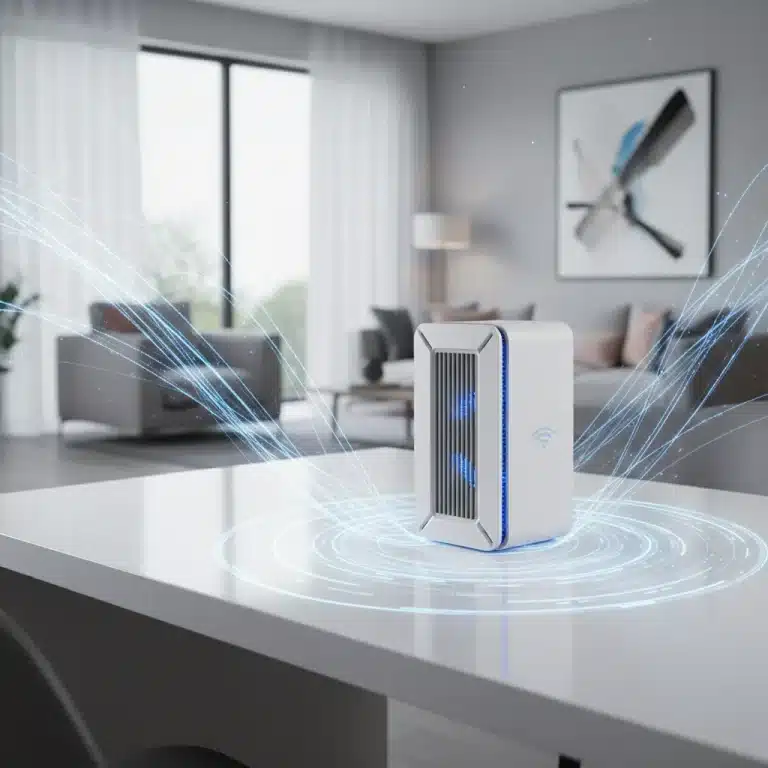 Modern Wi-Fi 7 router glowing with strong network signals in a home setting.
