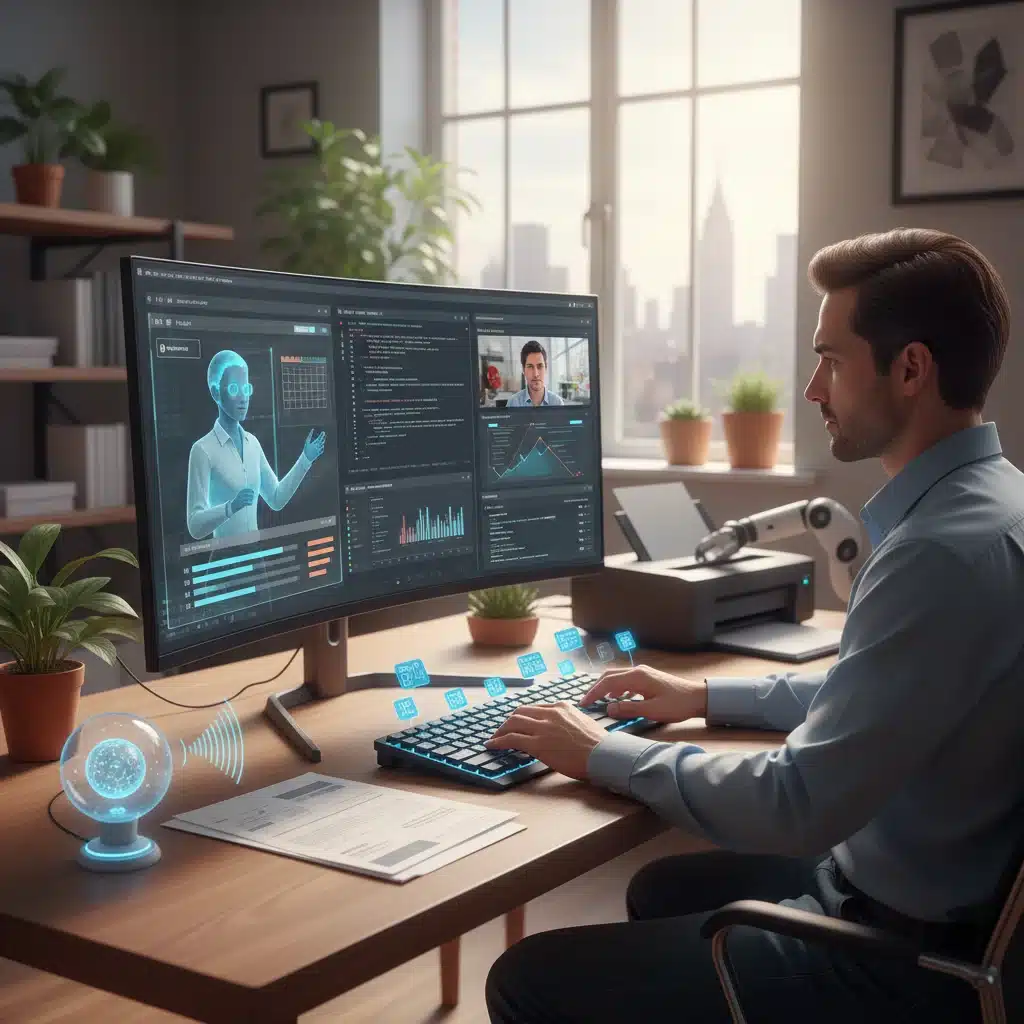 Person using AI-driven productivity tools in a modern home office for enhanced workflow.