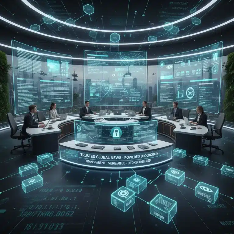 Futuristic newsroom with blockchain visuals representing transparent, decentralized news.