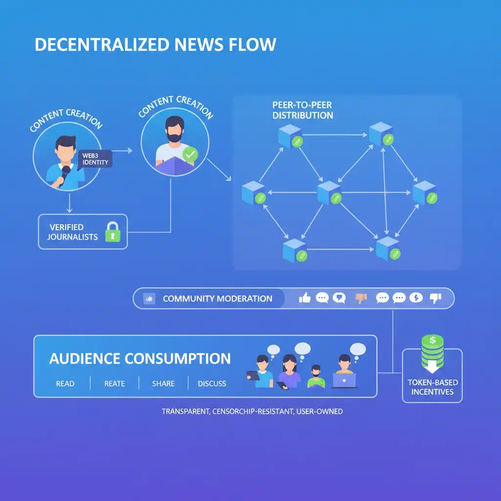 Decentralized news flow with Web3 identity and community moderation.
