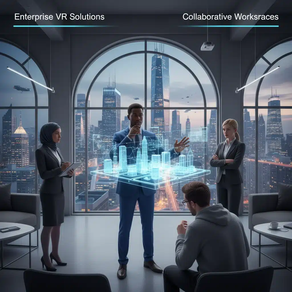 Diverse avatars collaborating in a virtual meeting room with holographic 3D models, showcasing enterprise VR.
