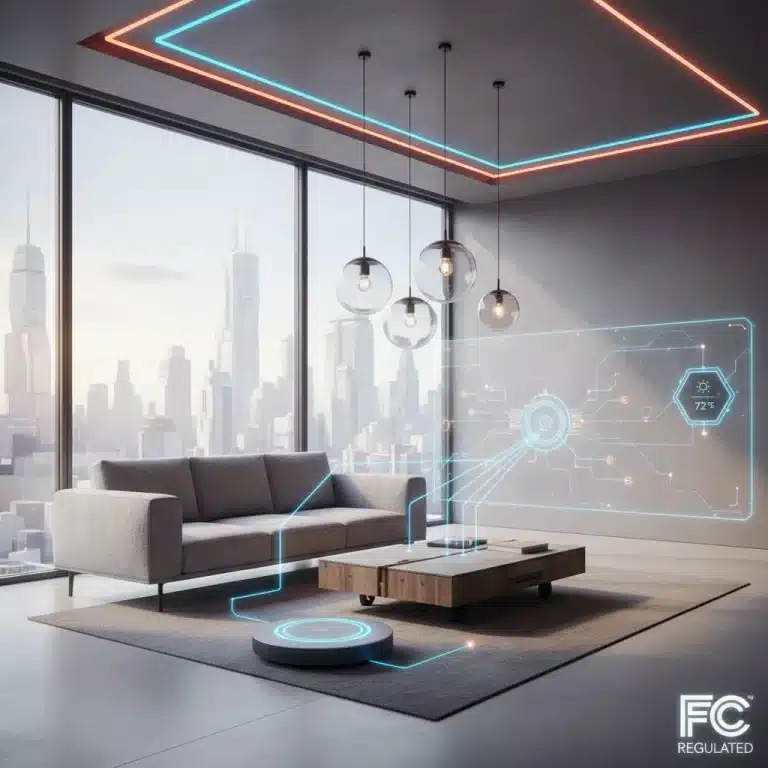 Smart home devices connected with digital lines and FCC logo