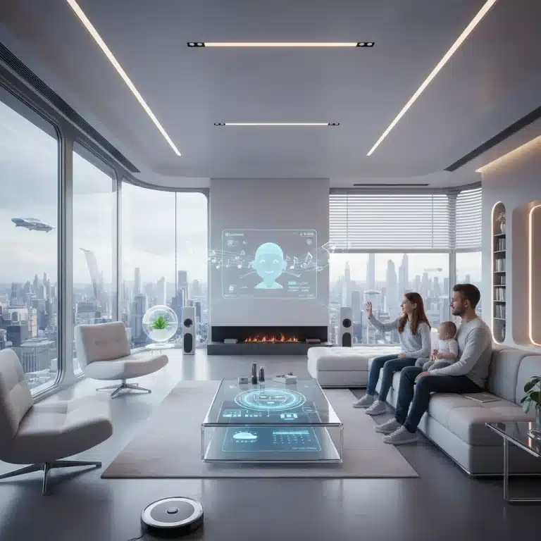 Futuristic family interacting with AI smart home devices for enhanced daily efficiency.