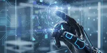 Futuristic haptic glove interacting with a holographic interface, demonstrating advanced sensory technology.