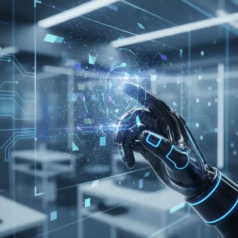 Futuristic haptic glove interacting with a holographic interface, demonstrating advanced sensory technology.