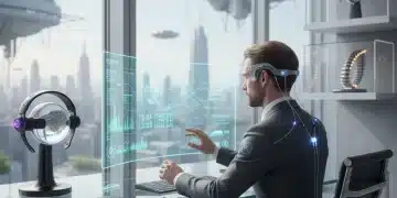 Neural Interfaces 2026: Brain-Computer Integration for Enhanced Productivity Futuristic neural interface device enhancing productivity in a modern office setting, with two new BCI devices visible.