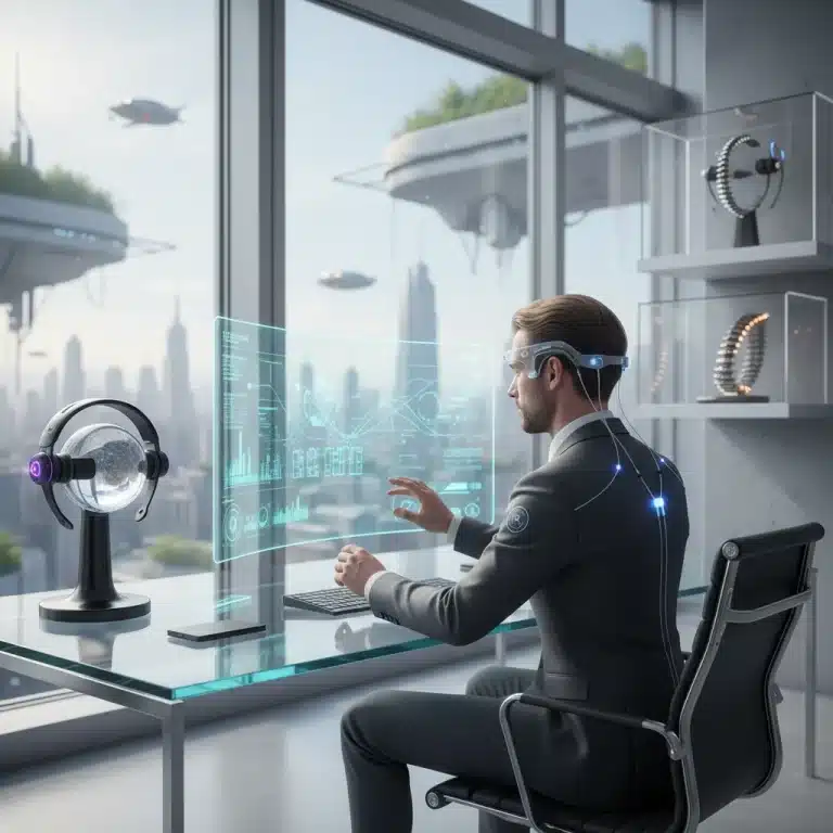 Futuristic neural interface device enhancing productivity in a modern office setting, with two new BCI devices visible.
