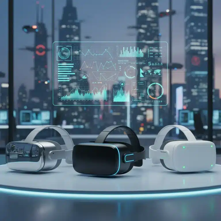 Futuristic VR headsets on a digital display with holographic data, representing a comprehensive comparison.
