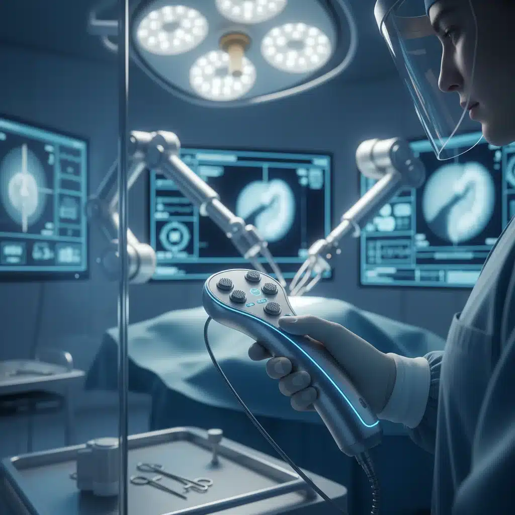 Surgeon performing delicate surgery with haptic robotic arm, receiving tactile feedback.