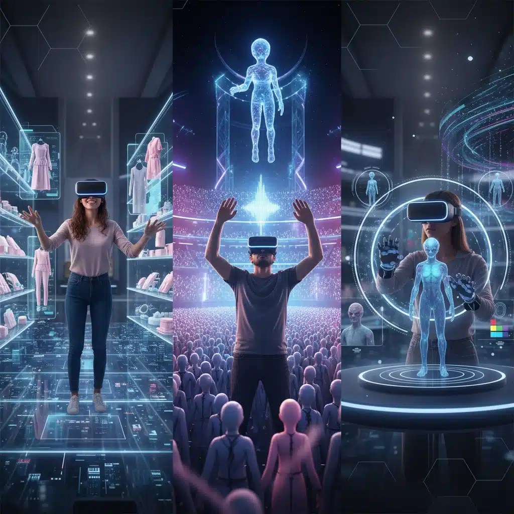 Individuals experiencing various immersive metaverse applications with VR headsets