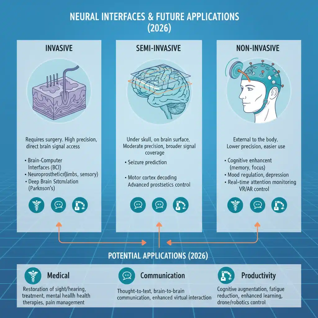 Infographic showing various neural interface types and their applications in medicine, communication, and productivity by 2026.