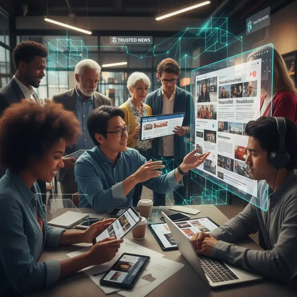 Diverse readers interacting with decentralized news, symbolizing increased trust.