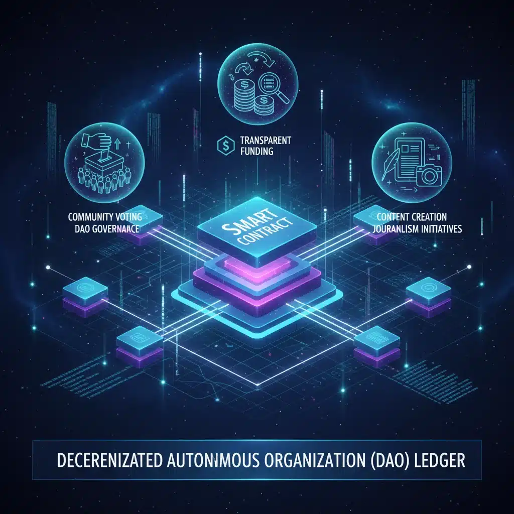 Smart contract mechanisms for transparent DAO news funding and community governance.