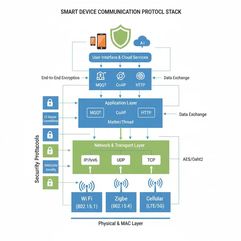 Smart device communication protocols diagram with security icons