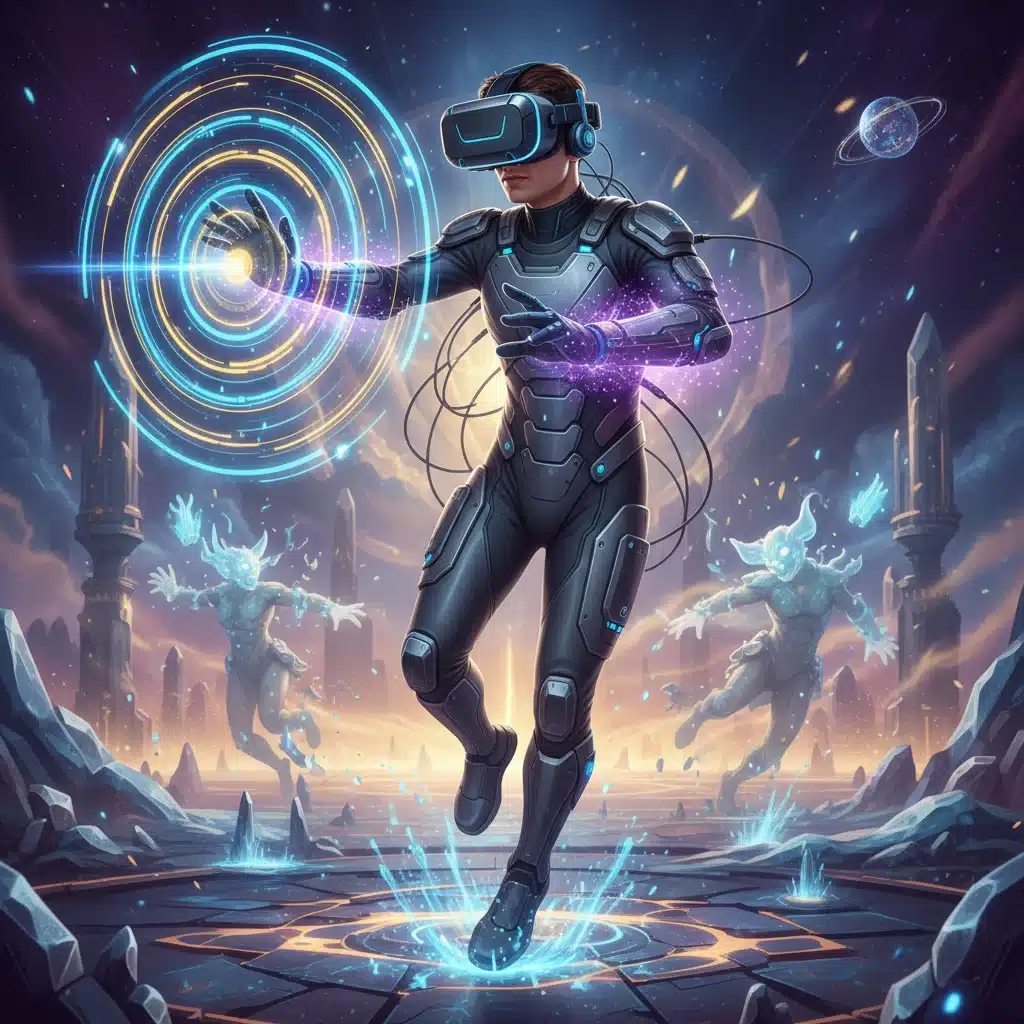 Person immersed in VR with haptic suit, feeling virtual world sensations.